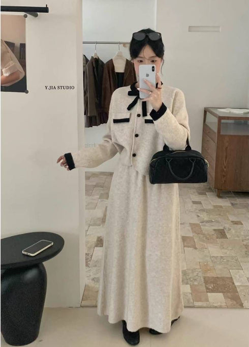 Premium Ribbon Collar Soft Sweater With Skirts Sets